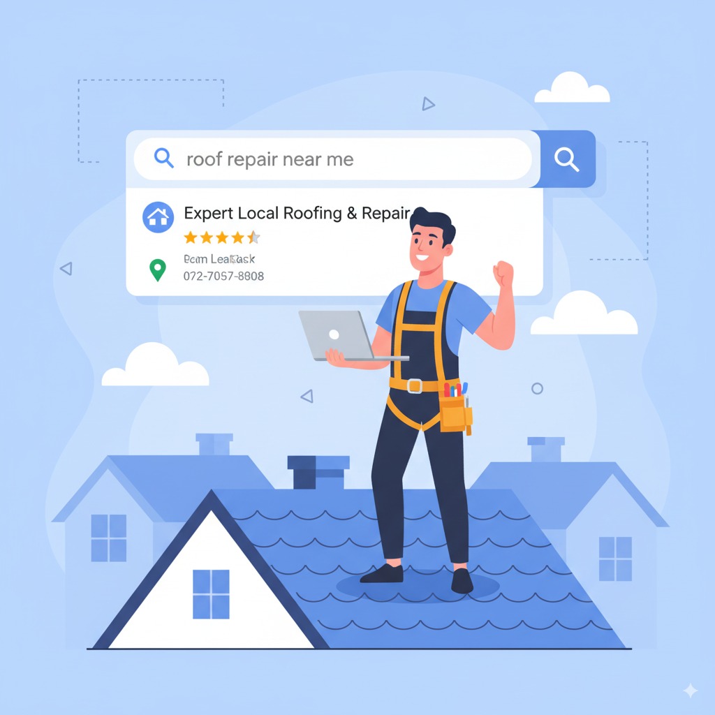 roofer standing on rooftop holding laptop, giant Google search bar floating above with query “roof repair near me” showing his company at the top