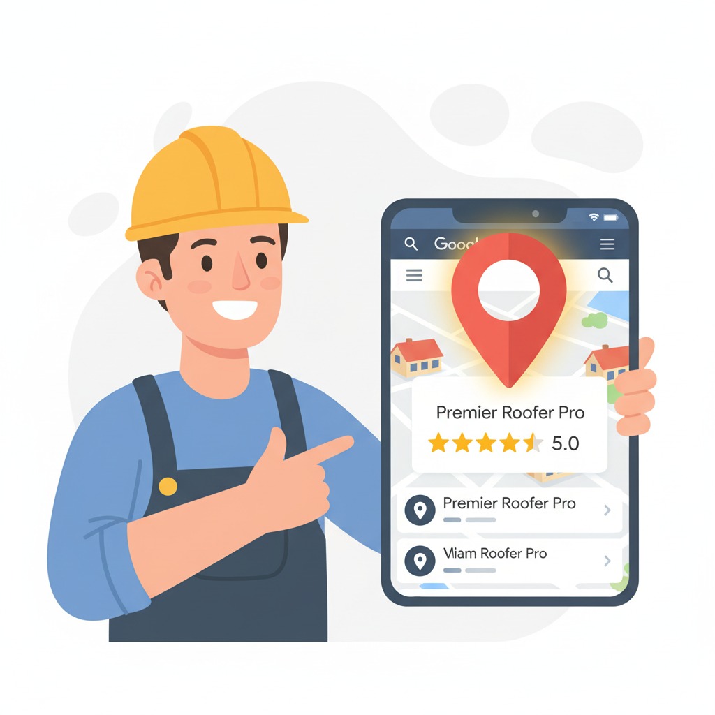 smartphone screen with Google Maps open, roofer business pin glowing in top 3-pack, review stars shining, roofer character pointing proudly, flat vector design