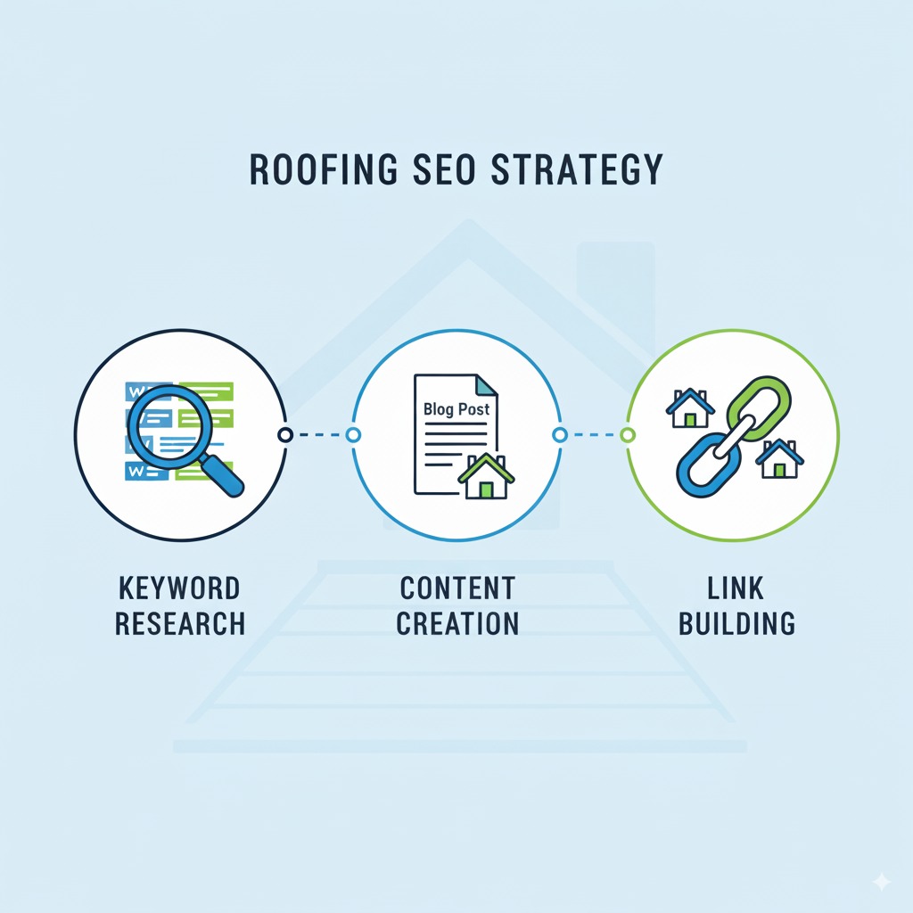 three icons in a row: keyword research (magnifying glass + keywords), content creation (blog post with roof icon), link building (chain links connecting houses)