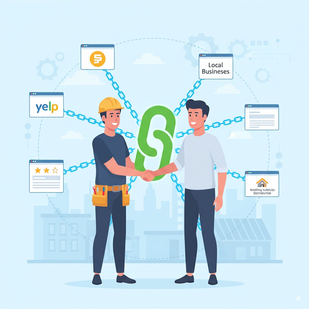 roofer shaking hands with local business owner, backlinks shown as glowing chains connecting websites, local directories and supplier sites floating in background