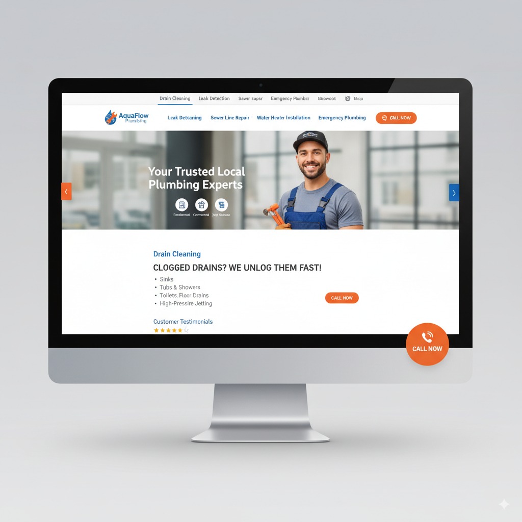 plumber website with tabs labeled A plumber website features tabs labeled Drain Cleaning, Leak Detection, Sewer Line Repair, Water Heater Installation, and Emergency Plumbing, each designed for optimal search engine visibility and equipped with a call button for easy access to plumbing services. This layout enhances the user experience and supports local SEO strategies for plumbing companies, helping potential customers quickly find relevant information.