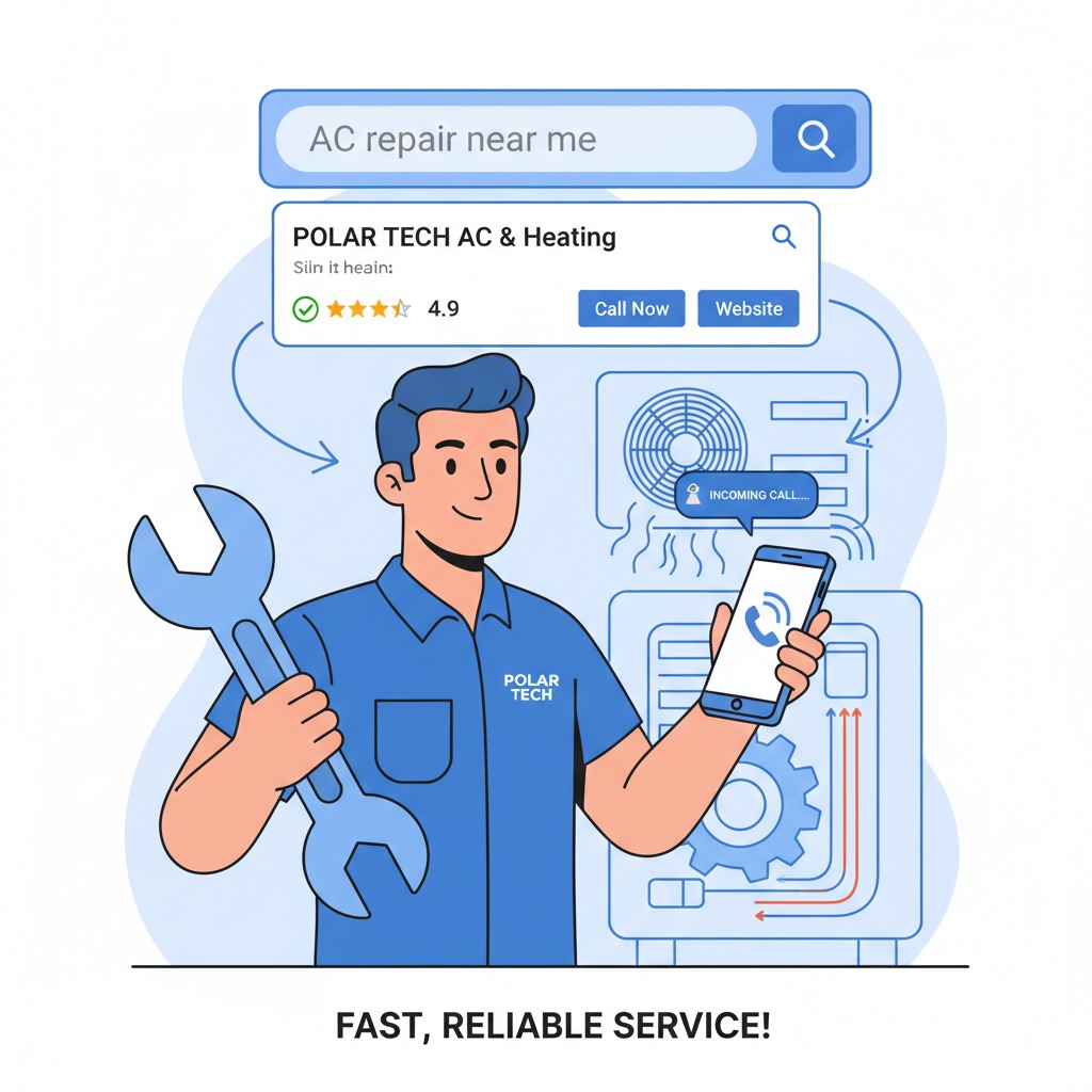 HVAC technician holding a wrench and smartphone HVAC technician holding a wrench and smartphone, Google search bar above with “AC repair near me” showing his company at the top, phone ringing