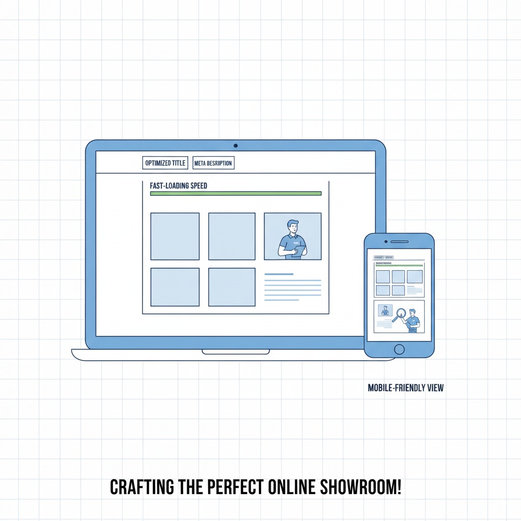 HVAC company website wireframe HVAC company website wireframe with highlighted sections: optimized title, meta description, fast-loading speed bar, mobile-friendly phone view