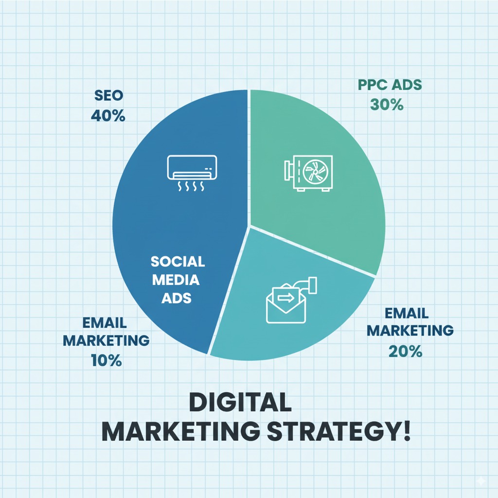 pie chart infographic showing slices pie chart infographic showing slices: SEO, PPC ads, social media ads, email marketing, with HVAC icons (air conditioner, furnace, duct system) integrated