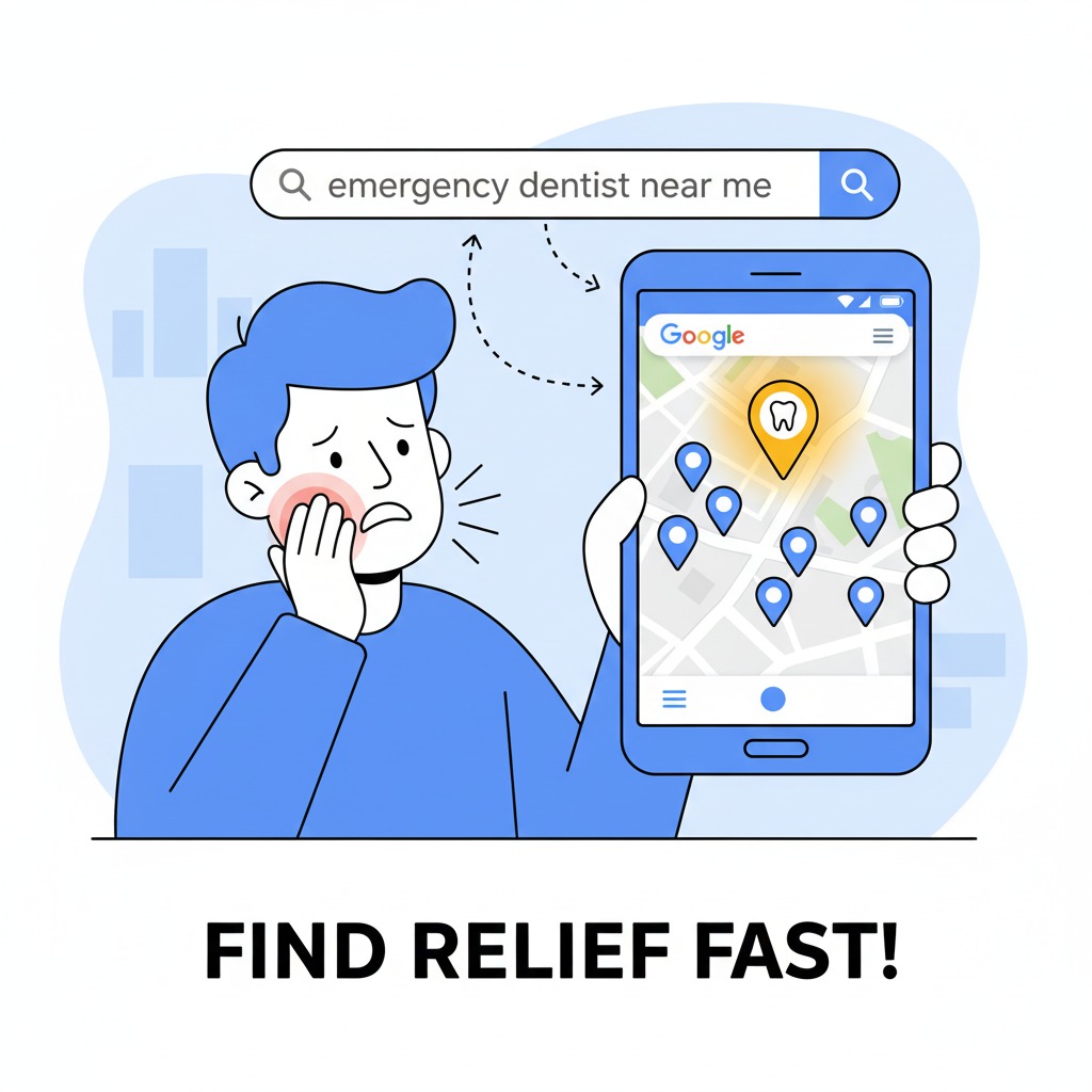 patient with toothache holding smartphone patient with toothache holding smartphone, Google search bar with “emergency dentist near me,” dental clinic pin glowing on Google Maps