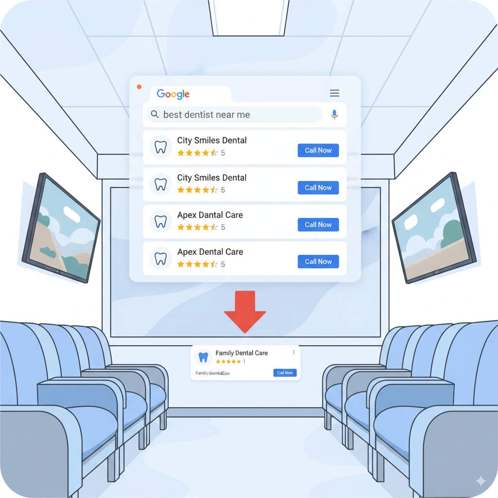 dental office with comfy chairs dental office with comfy chairs and TV on ceiling, but Google search results above showing competitor dentists ranking higher, infographic style