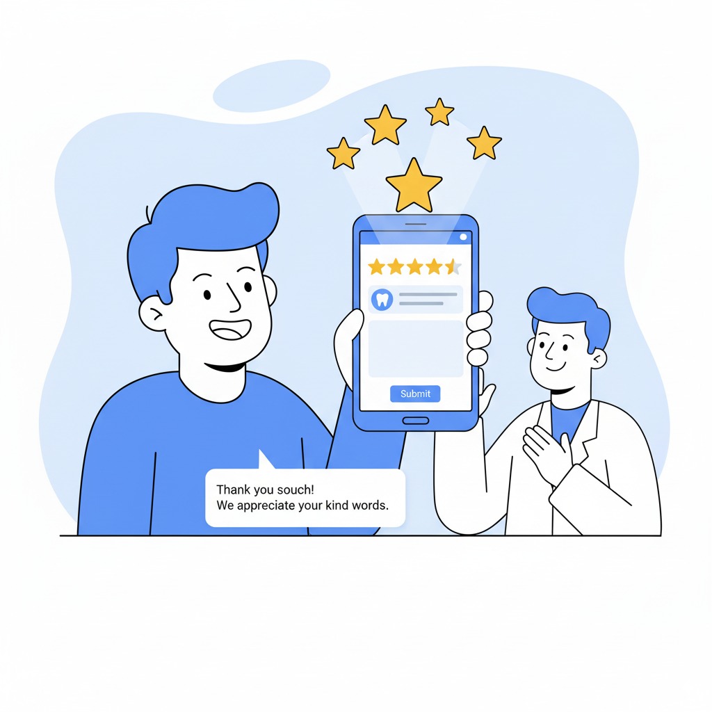 smiling patient leaving 5-star review on phone smiling patient leaving 5-star review on phone, dentist replying politely, review stars floating upward