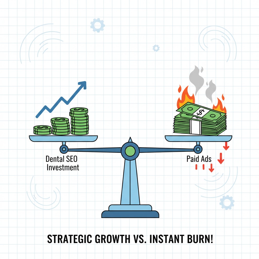 scale balancing scale balancing “Dental SEO investment” (steady growing chart) vs “Paid Ads” (money burning quickly)