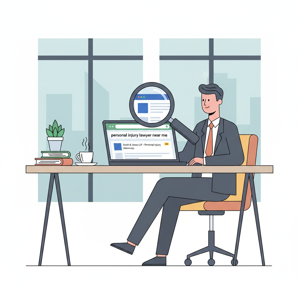 lawyer sitting at desk with laptop lawyer sitting at desk with laptop, Google search bar showing “personal injury lawyer near me,” magnifying glass over law firm website ranking on first page