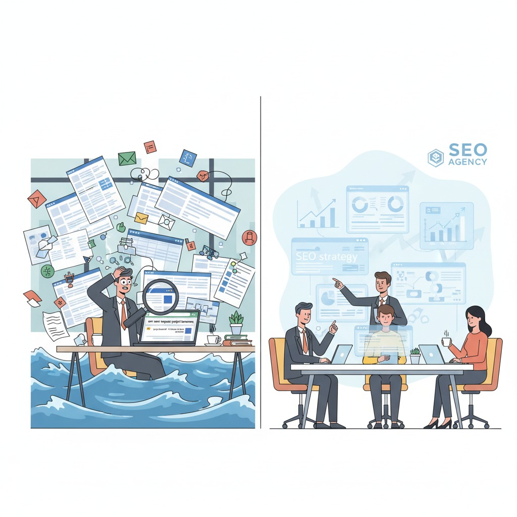 Law Firm SEO Agency split scene — left side lawyer drowning in spreadsheets, keyword tools, and stress; right side professional SEO agency team handling analytics, backlinks, and strategy