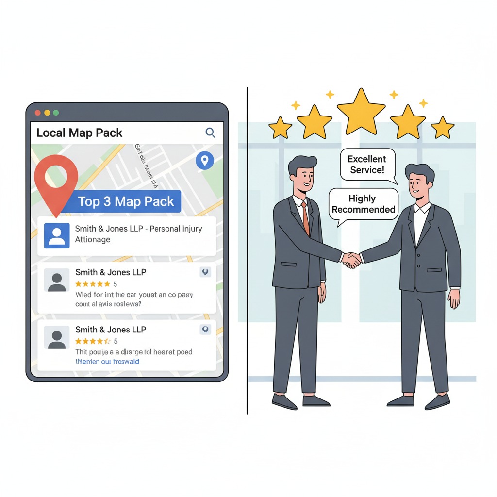 GenerateGoogle Maps screen with law firm pind Image September 03, 2025 - 6_23PM Google Maps screen with law firm pin highlighted in “top 3 map pack,” lawyer shaking hands with happy client, positive star reviews floating above