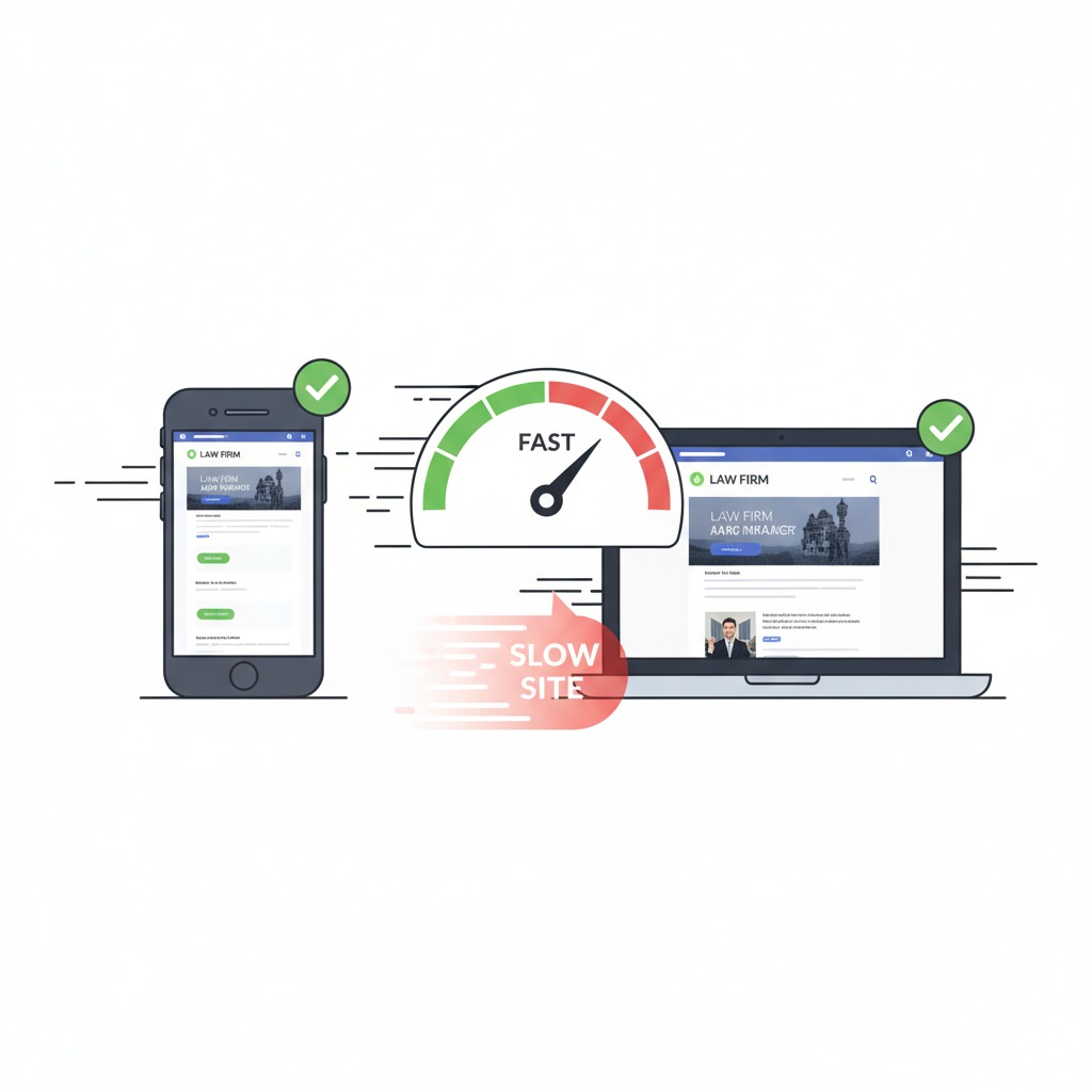 law firm website loading instantly on phone and laptop law firm website loading instantly on phone and laptop, speedometer showing “fast,” red “slow site” fading away
