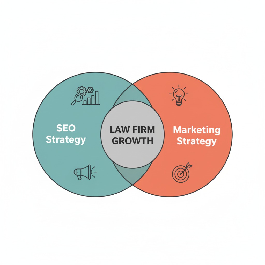 Venn diagram overlapping “SEO Strategy” and “Marketing Strategy,” Venn diagram overlapping “SEO Strategy” and “Marketing Strategy,” with shared area labeled “Law Firm Growth,”