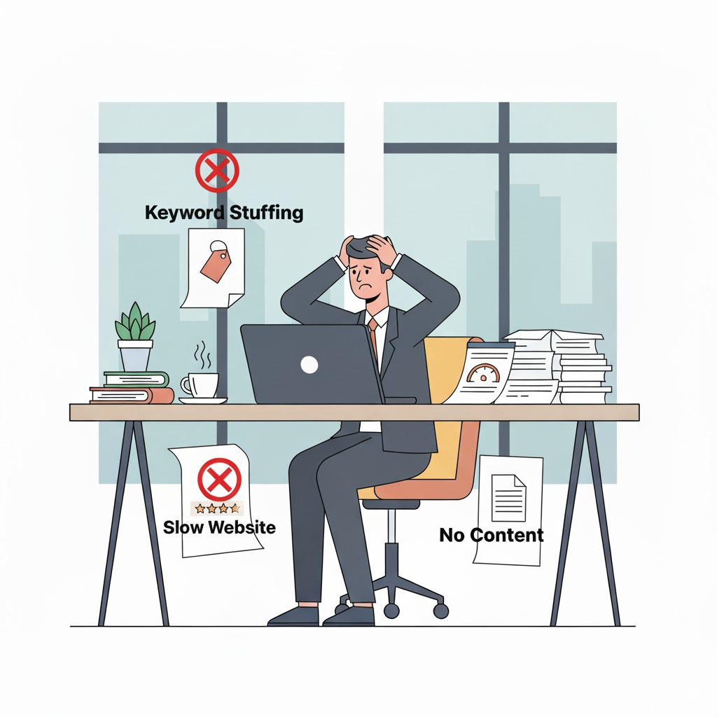 lawyer at desk frustrated lawyer at desk frustrated, papers labeled “Keyword Stuffing,” “No Reviews,” “Slow Website,” “No Content,” icons with red X marks above each mistake