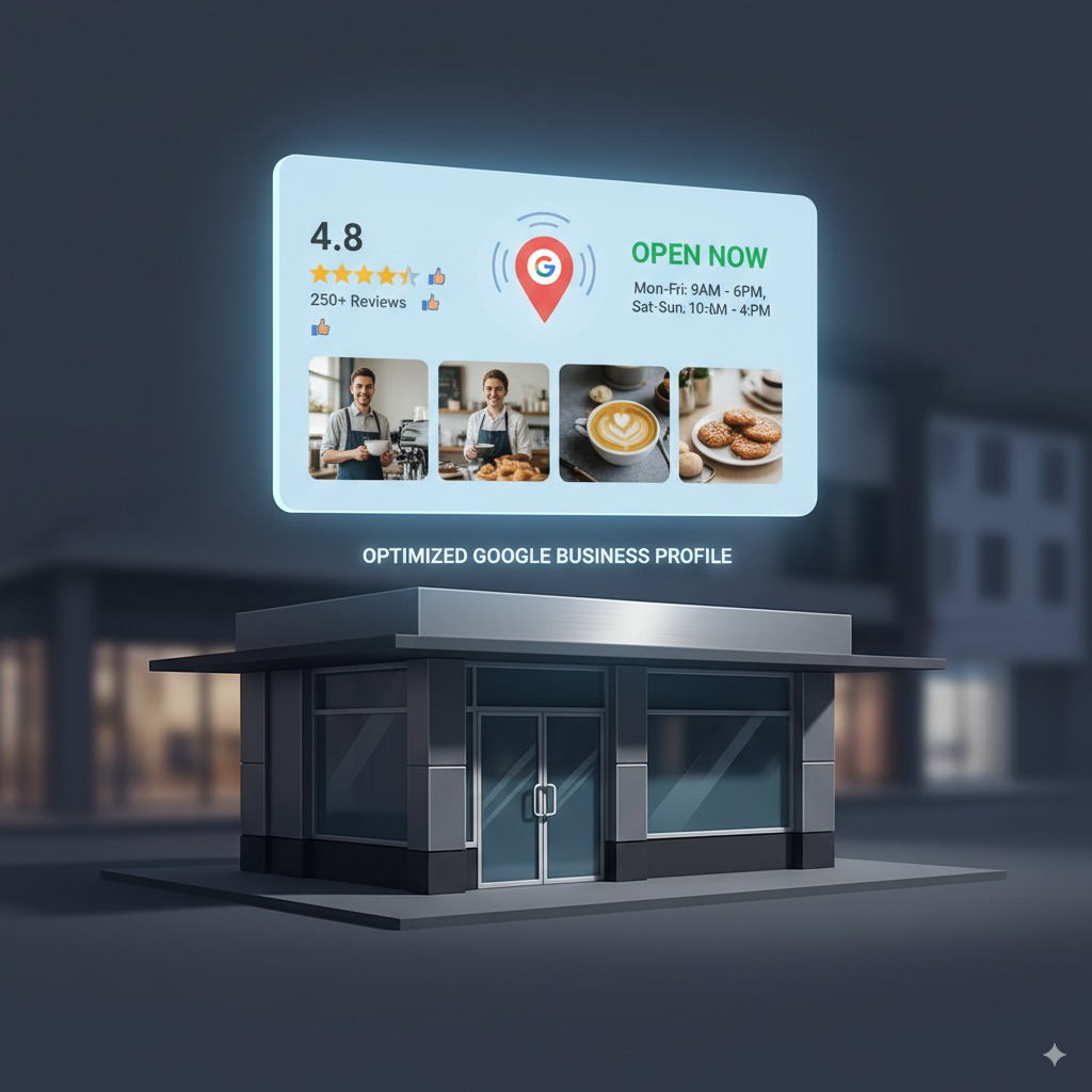 storefront with glowing digital signage A storefront with glowing digital signage floating above it, showing a Google Maps pin, reviews, opening hours, and photos — symbolizing an optimized Google Business Profile.