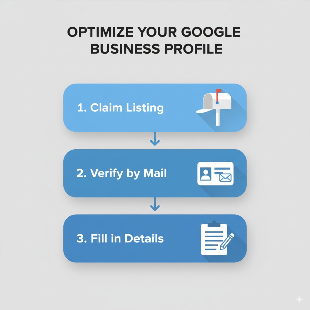 step-by-step checklist infographic A step-by-step checklist infographic: Claim listing Verify by mail Fill in details with icons of a mailbox, ID card verification, and form fields being filled out.