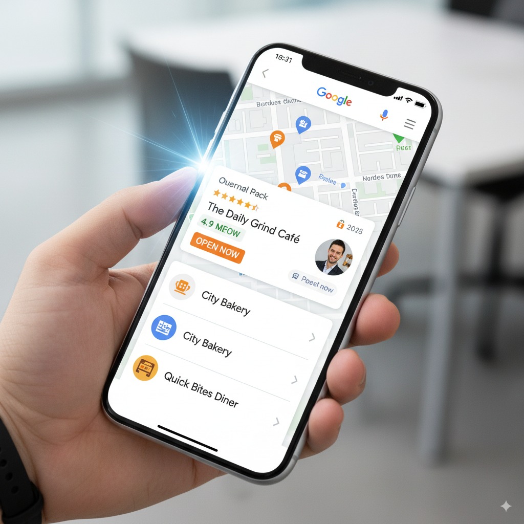 smartphone screen showing Google Maps A smartphone screen showing Google Maps with three highlighted businesses in the Local Pack, one business glowing brighter than competitors to show optimization success.