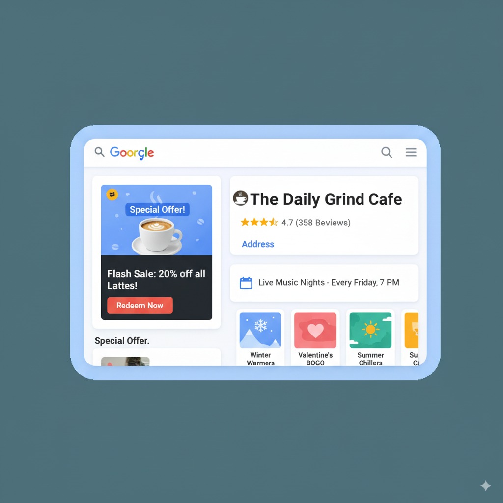 business profile panel with a "Special Offer" post A business profile panel with a "Special Offer" post, event banner, and seasonal promotion cards — styled like social media updates integrated into Google’s interface.