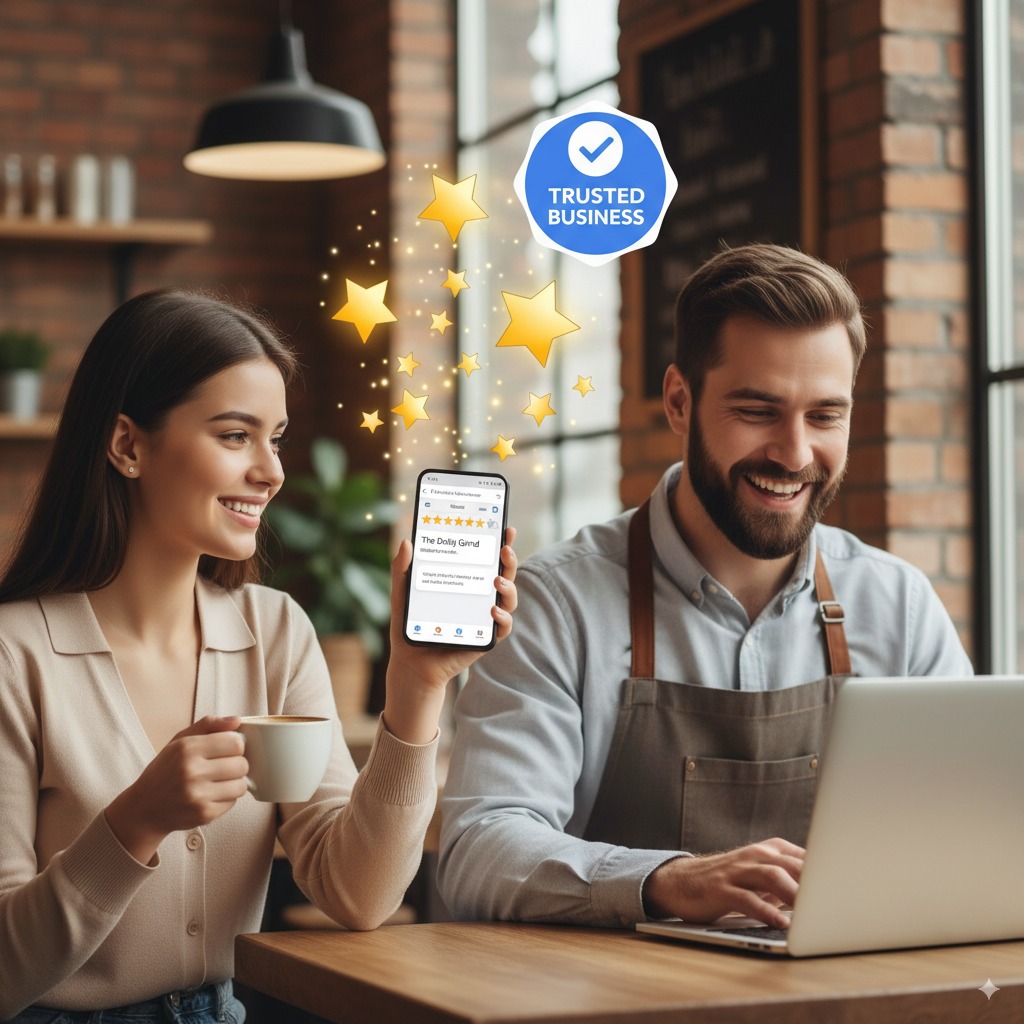 Customer leaving a 5-star review ustomer leaving a 5-star review on a phone while the business owner happily responds from a laptop, with floating golden stars and a trust badge above them.