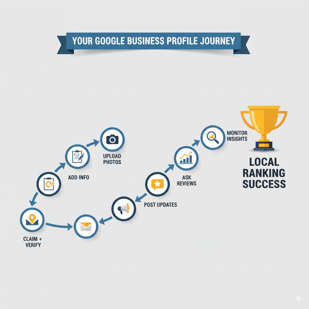 roadmap graphic with milestones A roadmap graphic with milestones: Claim + Verify → Add Info → Upload Photos → Post Updates → Ask Reviews → Monitor Insights, illustrated as a path leading to a “Local Ranking Success” trophy.