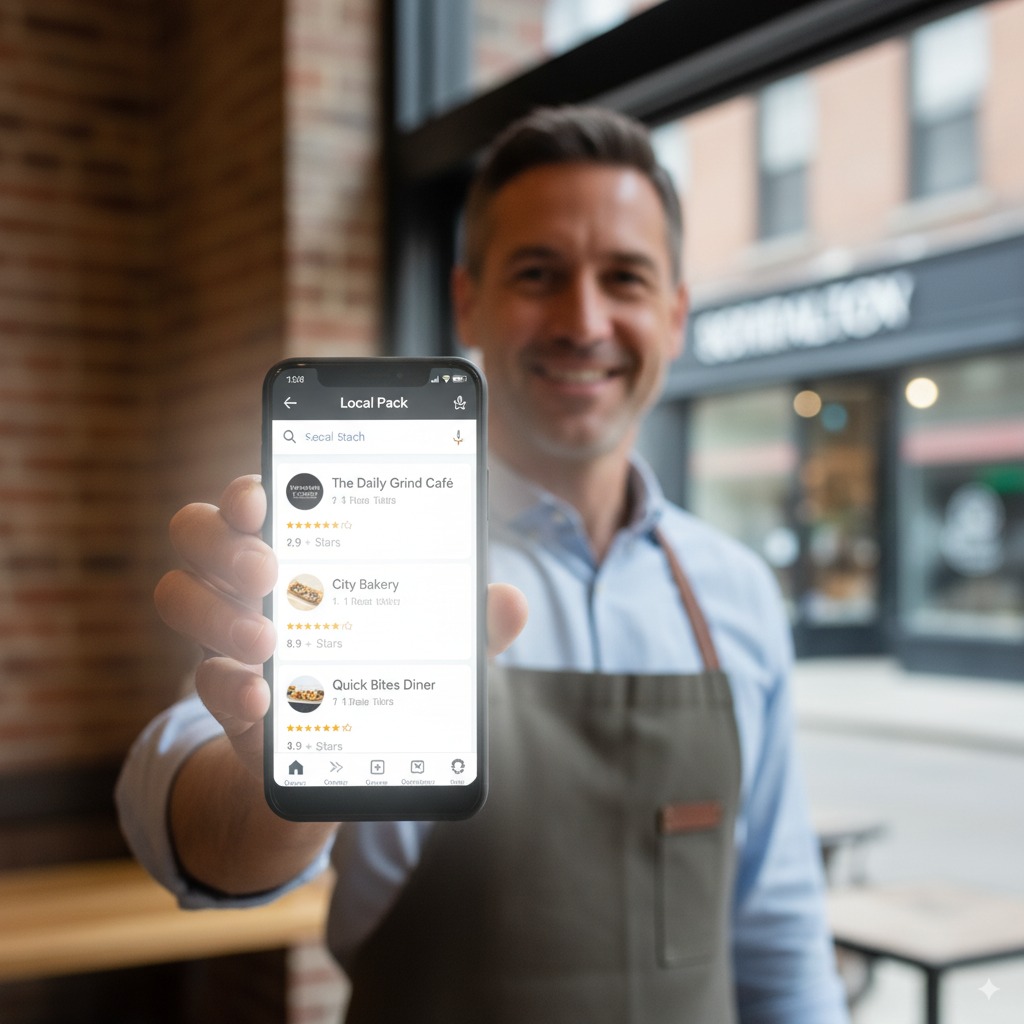 business owner looking at a phone screen A business owner looking at a phone screen glowing with a Google Maps Pack (3 highlighted listings at the top), while a competitor’s listing is faded out in the background.