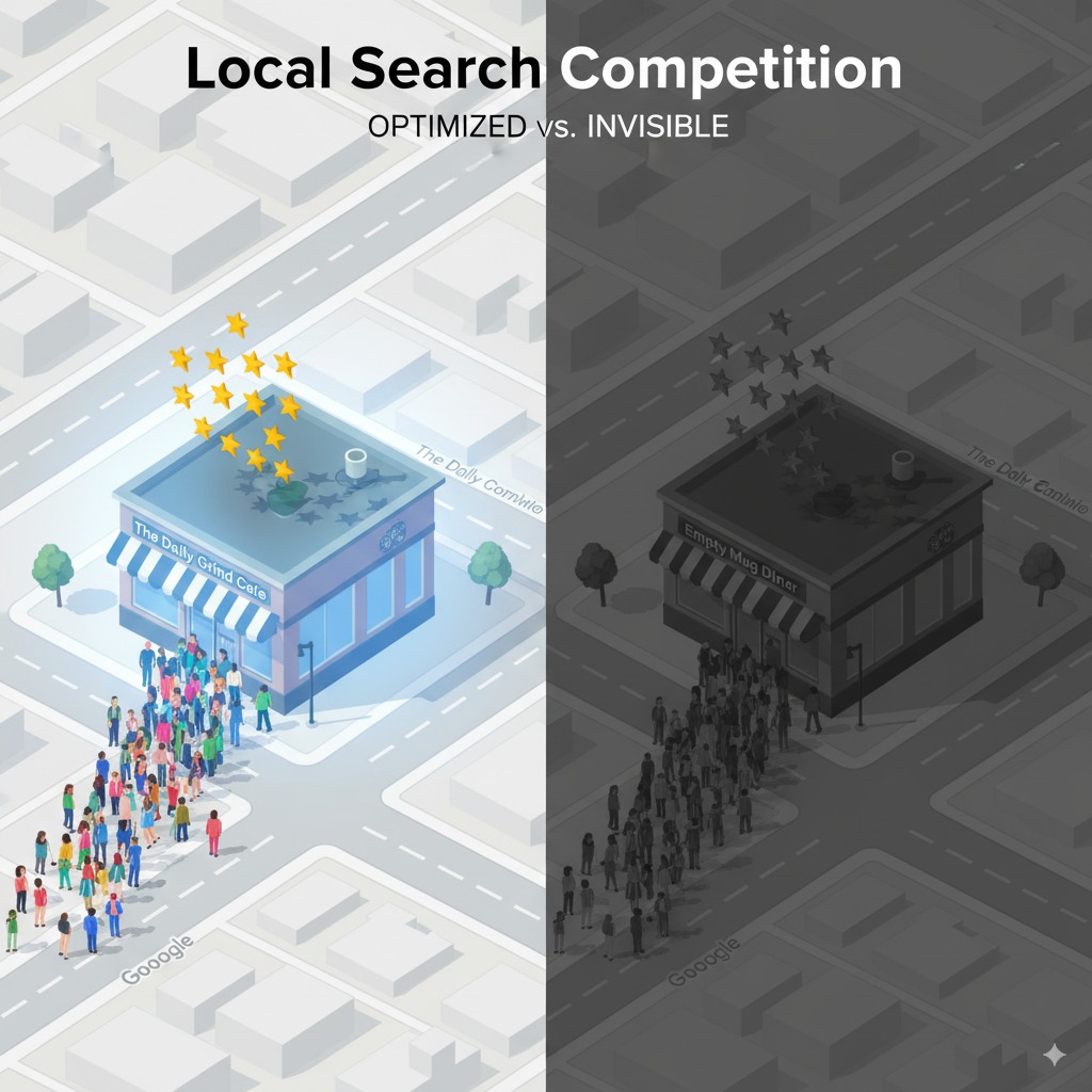 Two competing storefronts Local Businesses: Your Competition Is Closer Than You Think Here’s a fun (read: depressing) stat: most local searches occur within 5 miles of the searcher’s physical location. Translation? If your competitor two blocks away has more reviews and a better Google Maps business listing, they’re going to show up before you. Doesn’t matter if you’ve been in business 20 years. Google cares about relevance, distance, and prominence — not how many flyers you’ve mailed