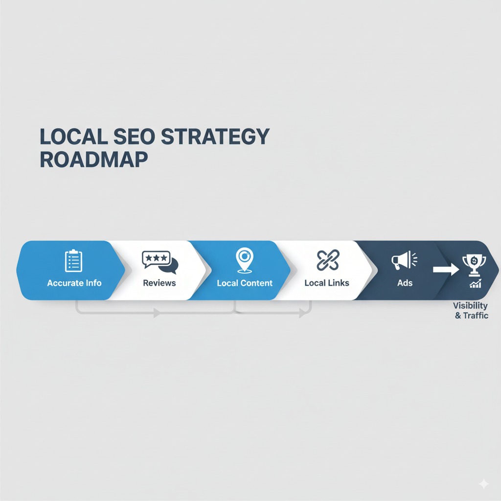 Local SEO Strategy roadmap A strategy board/roadmap with icons for: Accurate Info Reviews Local Content Local Links Ads styled as a step-by-step infographic.