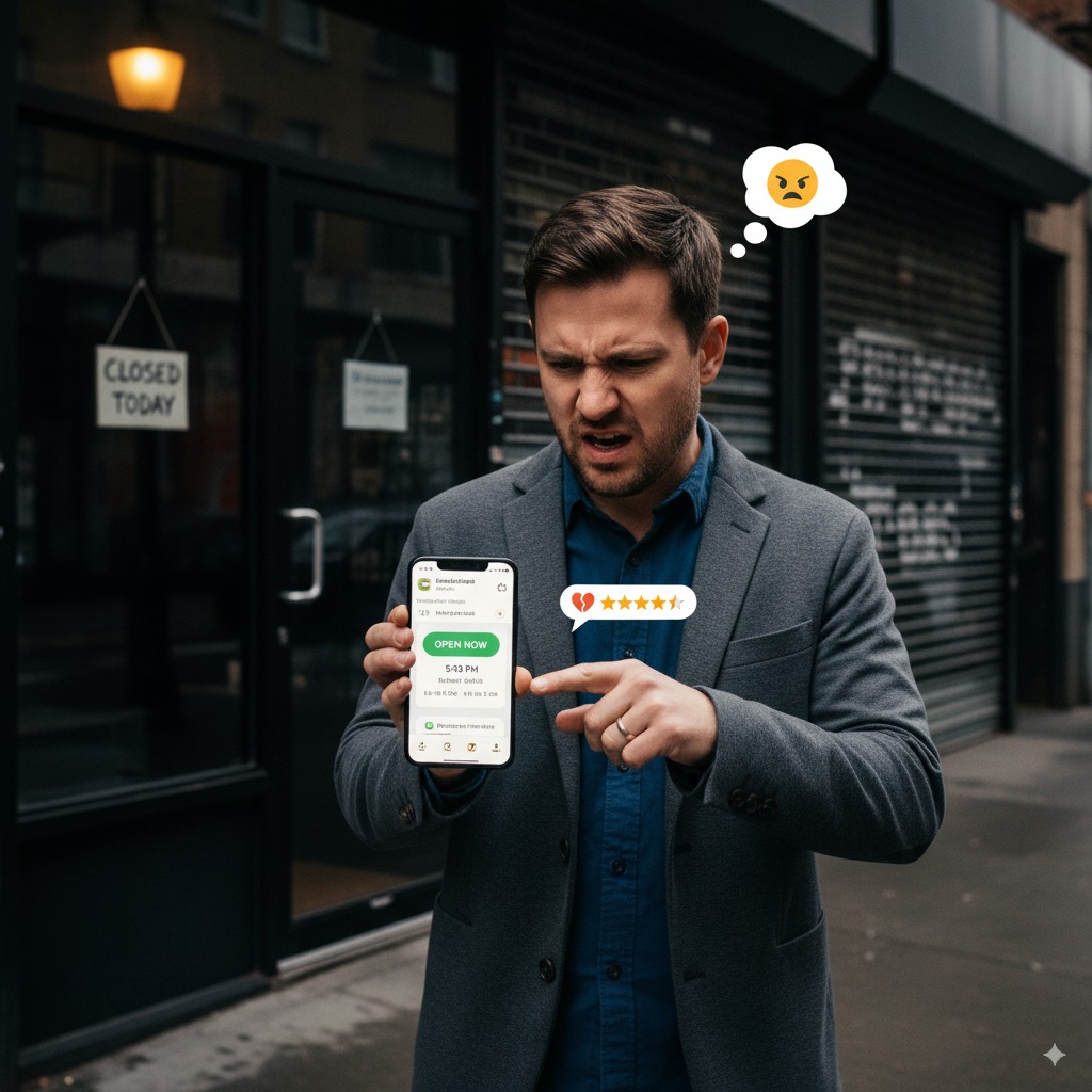 frustrated customer standing outside a closed shop A frustrated customer standing outside a closed shop with a glowing phone showing “Open Now” — illustrating wrong business hours leading to bad reviews.