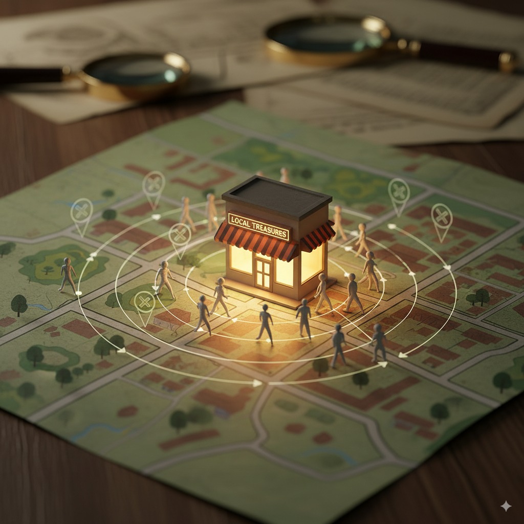 small business storefront glowing on a map A small business storefront glowing on a map while nearby pins represent potential customers walking toward it, symbolizing local leads instead of global reach.