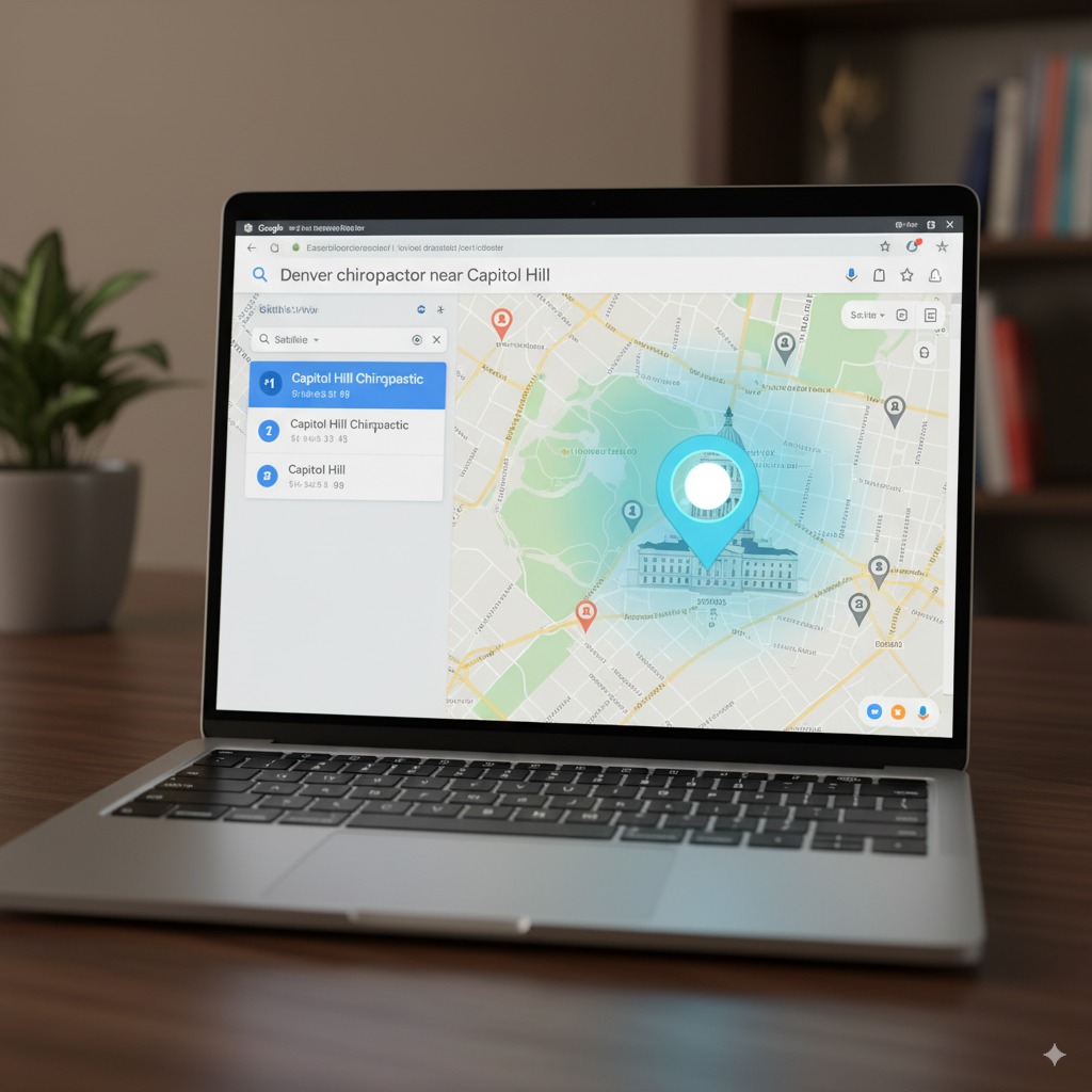 laptop screen showing a search bar A laptop screen showing a search bar with “Denver chiropractor near Capitol Hill” ranking #1 on Google Maps, with a glowing location pin over Denver.