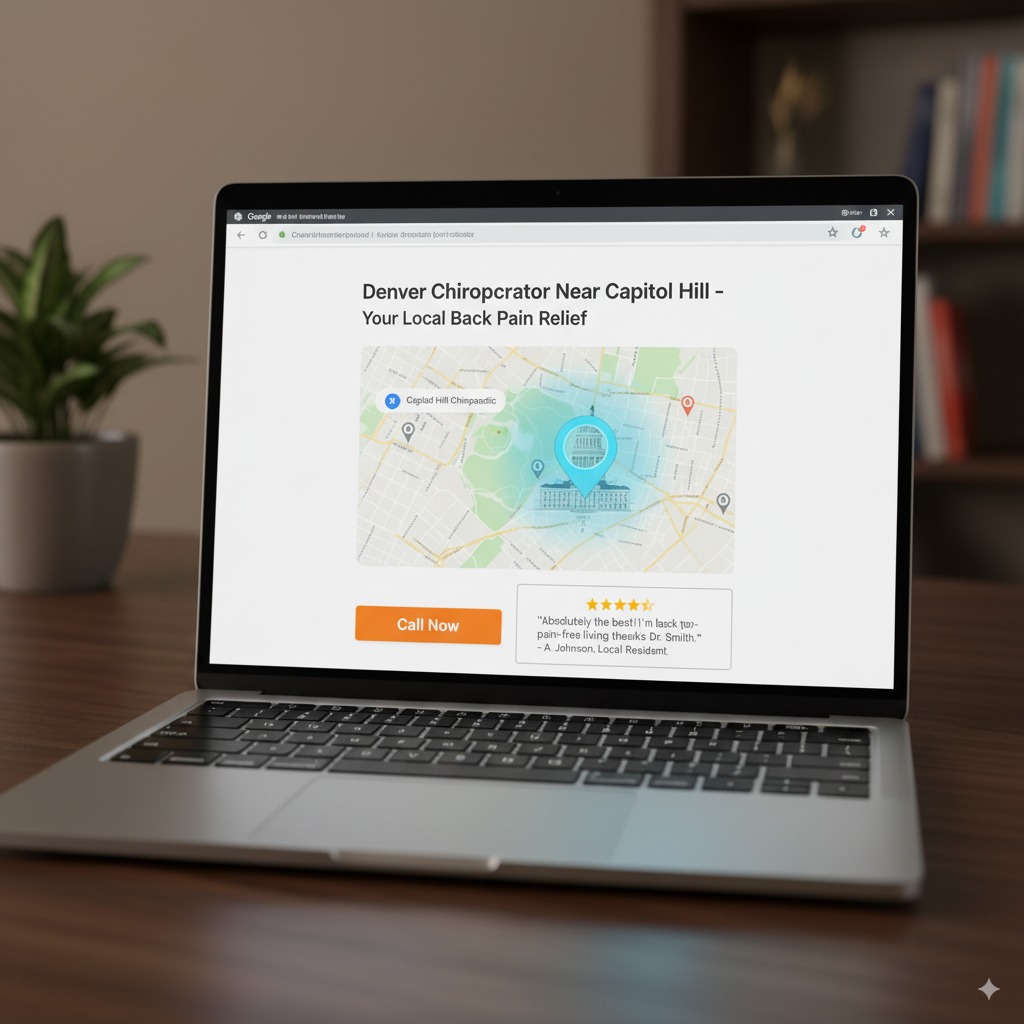 clean landing page mockup A clean landing page mockup with: headline using a local keyword, a map, a bold CTA button (“Call Now”), and a testimonial card with 5 stars.