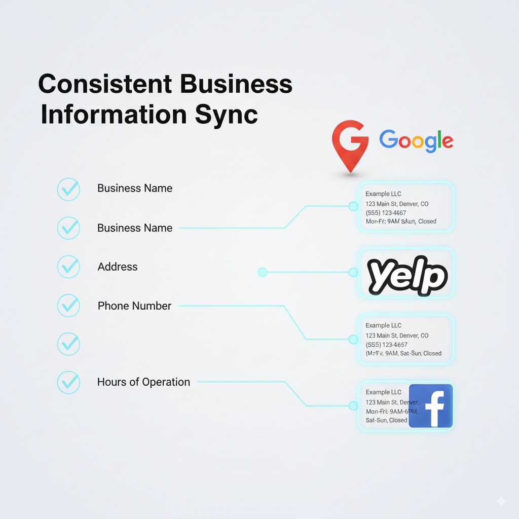 checklist graphic showing identical business info A checklist graphic showing identical business info (Name, Address, Phone, Hours) synced across platforms like Google, Yelp, and Facebook.