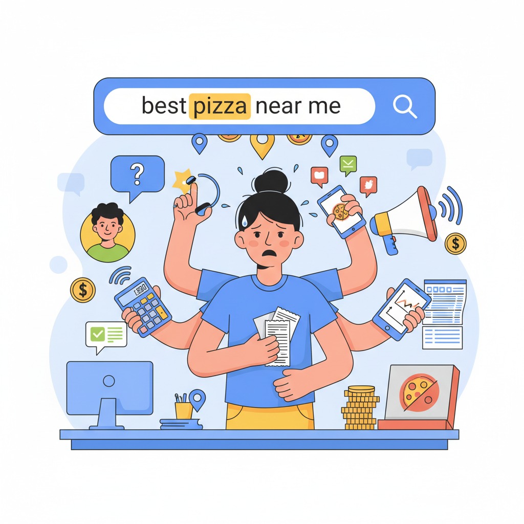 frustrated small business owner juggling multiple tasks frustrated small business owner juggling multiple tasks—customer service, accounting, and marketing—while a glowing Google search bar floats above with “best pizza near me” highlighted.