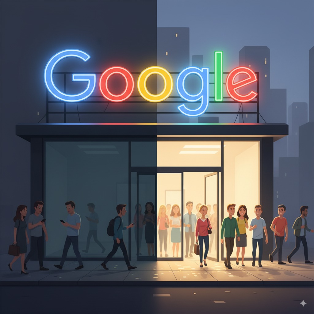 storefront with a giant neon “Google Sign” above it A storefront with a giant neon “Google Sign” above it, half dimmed and half glowing. Customers walk past the dim side and enter the glowing side. Bright, metaphorical concept art.