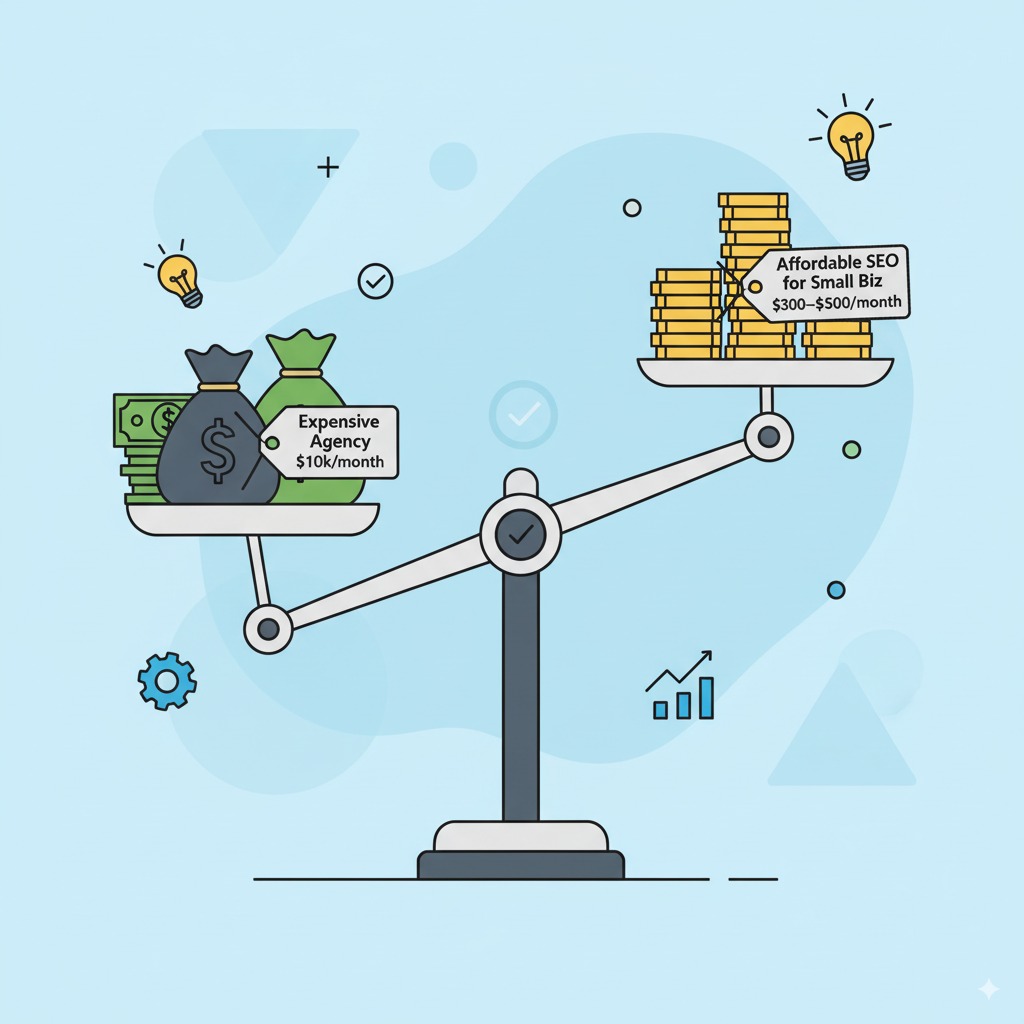 Affordable SEO Services Cost Scales weighing “Expensive Agency” ($10k/month) on one side and “Affordable SEO for Small Biz” ($300–$500/month) on the other, balanced evenly. Simple flat vector business metaphor.