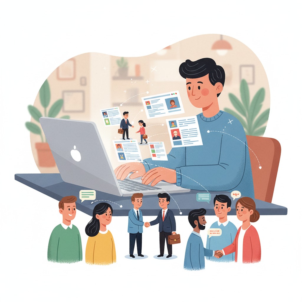 mall business owner typing on a laptop A small business owner typing on a laptop, and blog posts transforming into little salespeople in suits, shaking hands with customers.