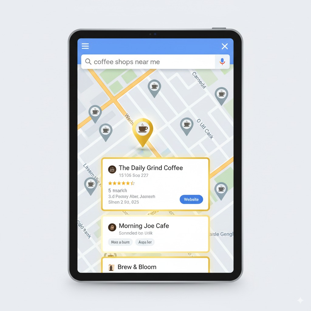 Google Maps interface with the top 3 business listings glowing in gold Google Maps interface with the top 3 business listings glowing in gold. A local coffee shop highlighted in the pack.