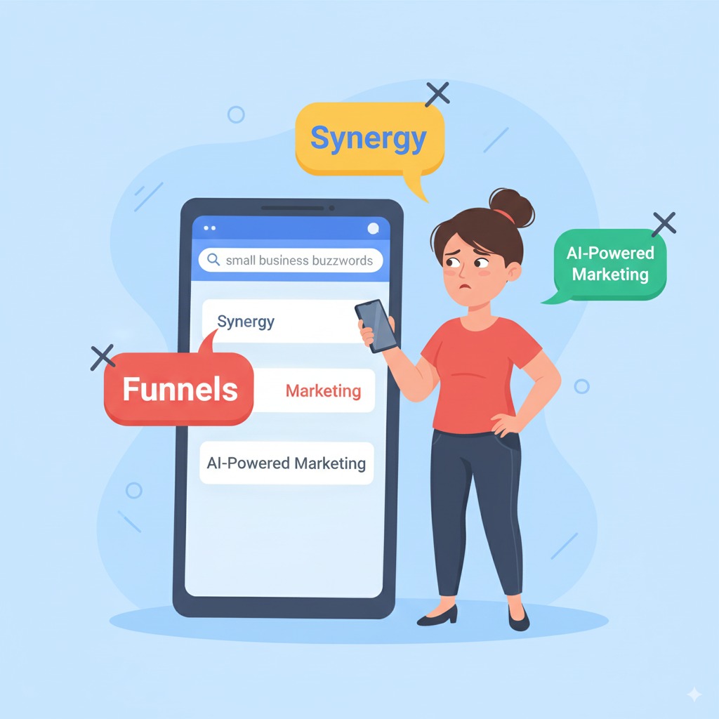 business owner rolling their eyes at buzzwords Cartoon-style business owner rolling their eyes at buzzwords like “synergy,” “funnels,” and “AI-powered marketing,” while holding a phone showing Google search results.