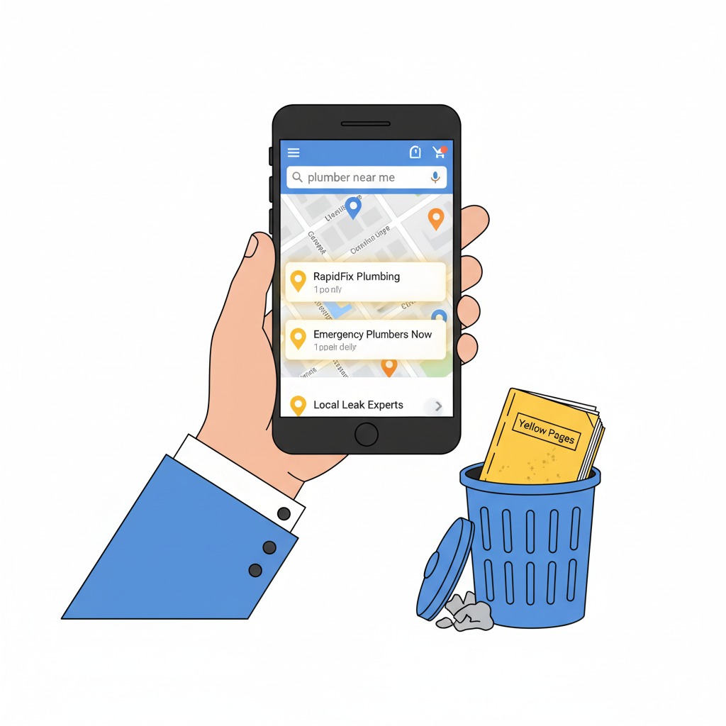 customer holding a smartphone with Google Maps open A customer holding a smartphone with Google Maps open, searching “plumber near me,” three business listings glowing at the top. A dusty Yellow Pages book sits in the trash nearby.