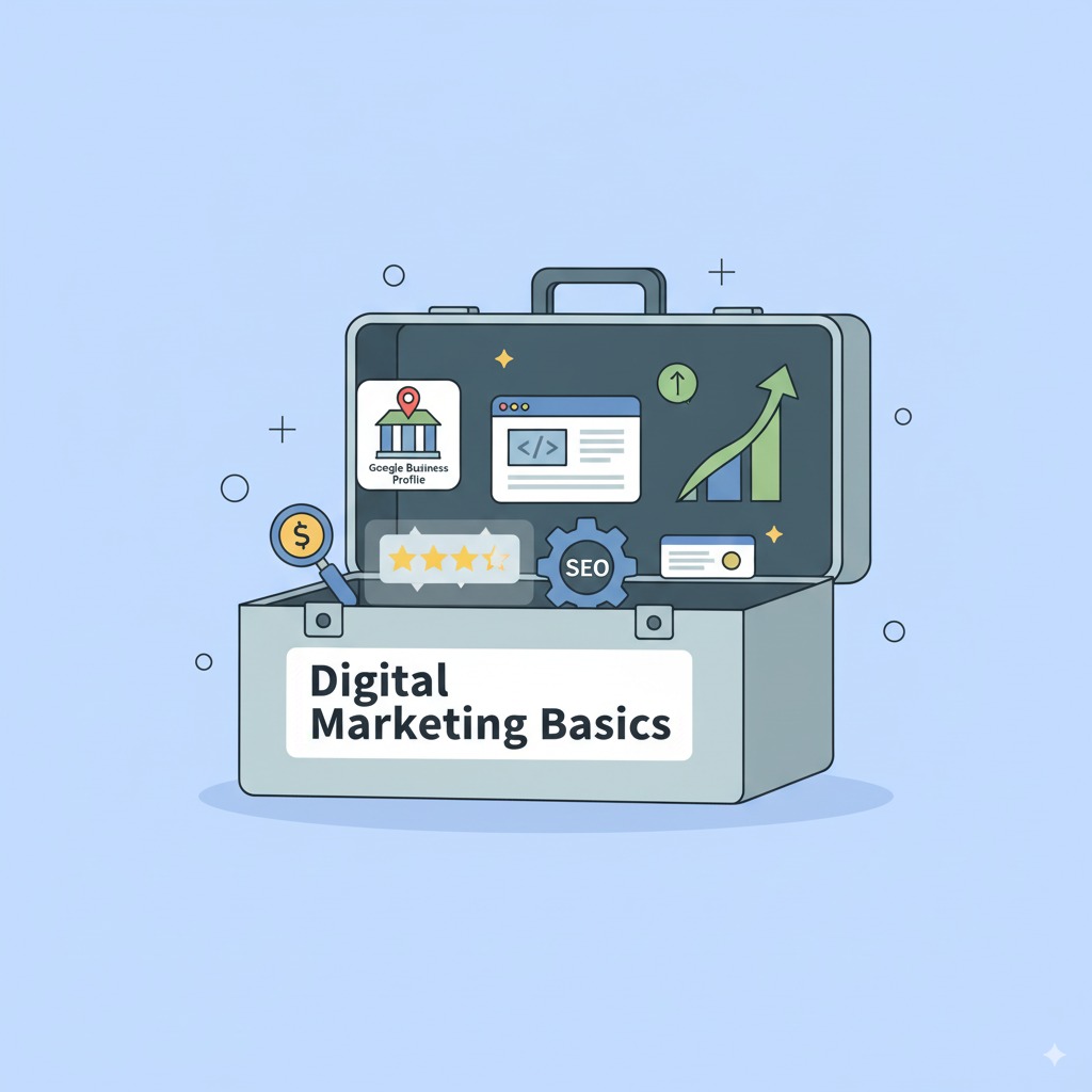 A toolbox labeled “Digital Marketing Basics” A toolbox labeled “Digital Marketing Basics” with tools like Google Business Profile, website icon, SEO gear, and review stars inside