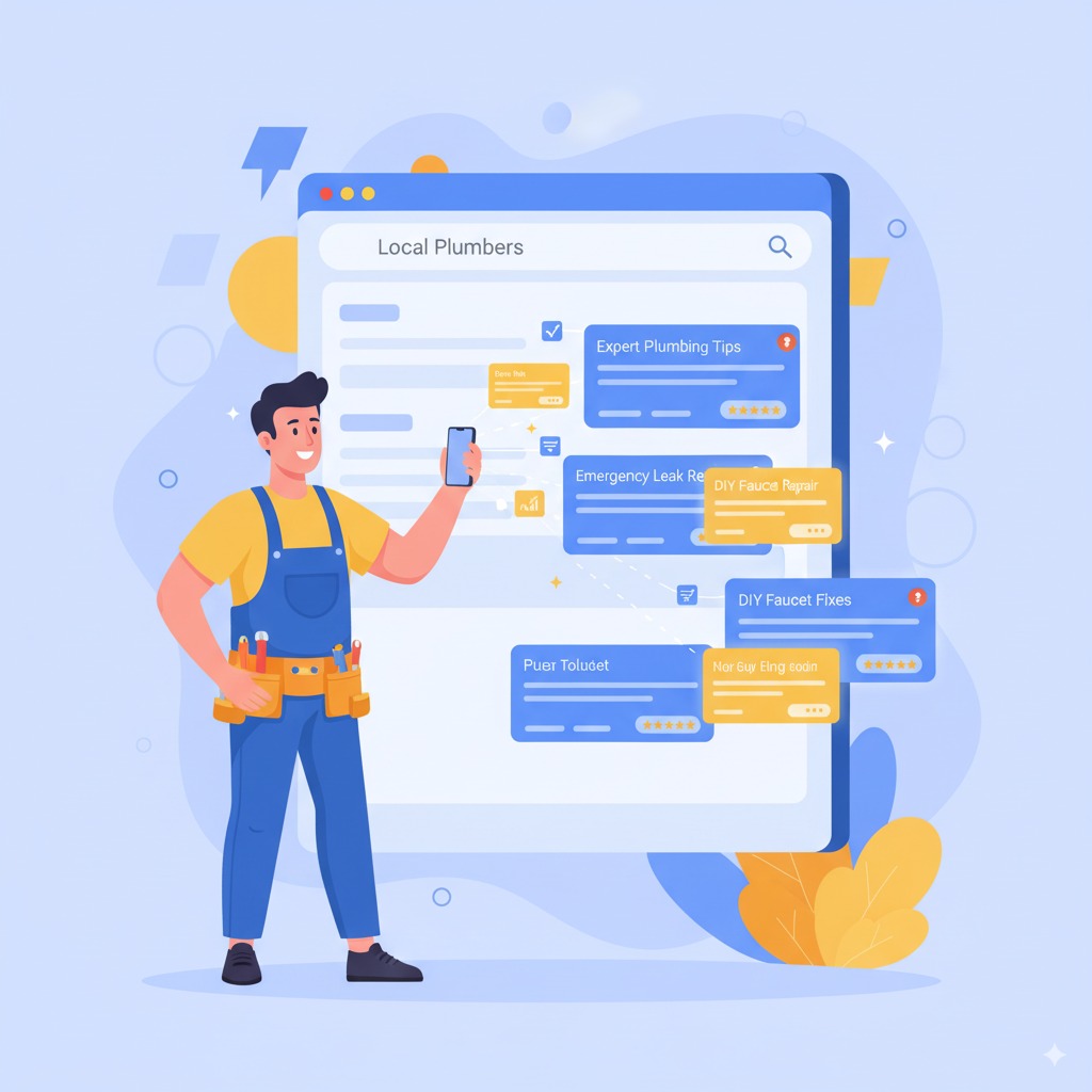 A plumber recording a short video on a smartphone A plumber recording a short video on a smartphone, while blog posts transform into glowing search results on Google.