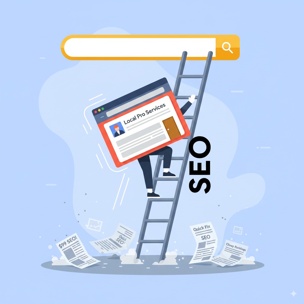 A service business website climbing a ladder A service business website climbing a ladder labeled “SEO” toward the top of Google search results, leaving behind shady “$99 SEO” offers in the dust.