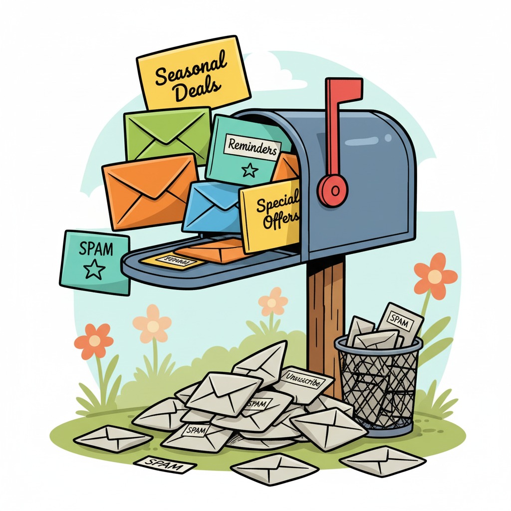 A mailbox overflowing with colorful envelopes A mailbox overflowing with colorful envelopes labeled “Seasonal Deals,” “Reminders,” and “Special Offers,” while spammy grey emails get tossed aside