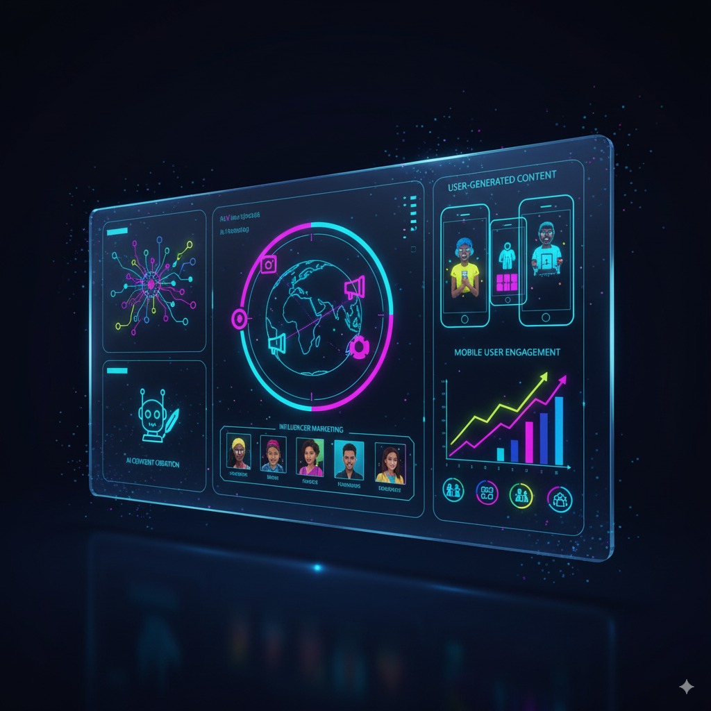 futuristic dashboard showing AI content tools A futuristic dashboard showing AI content tools, influencer marketing icons, mobile users, and user-generated content like selfies with products.