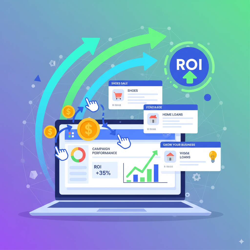 bold digital illustration of PPC marketing concept A bold digital illustration of PPC marketing concept — laptop with Google Ads dashboard, dollar signs turning into clicks, ad banners floating, neon arrows showing ROI growth, modern flat cartoon style.