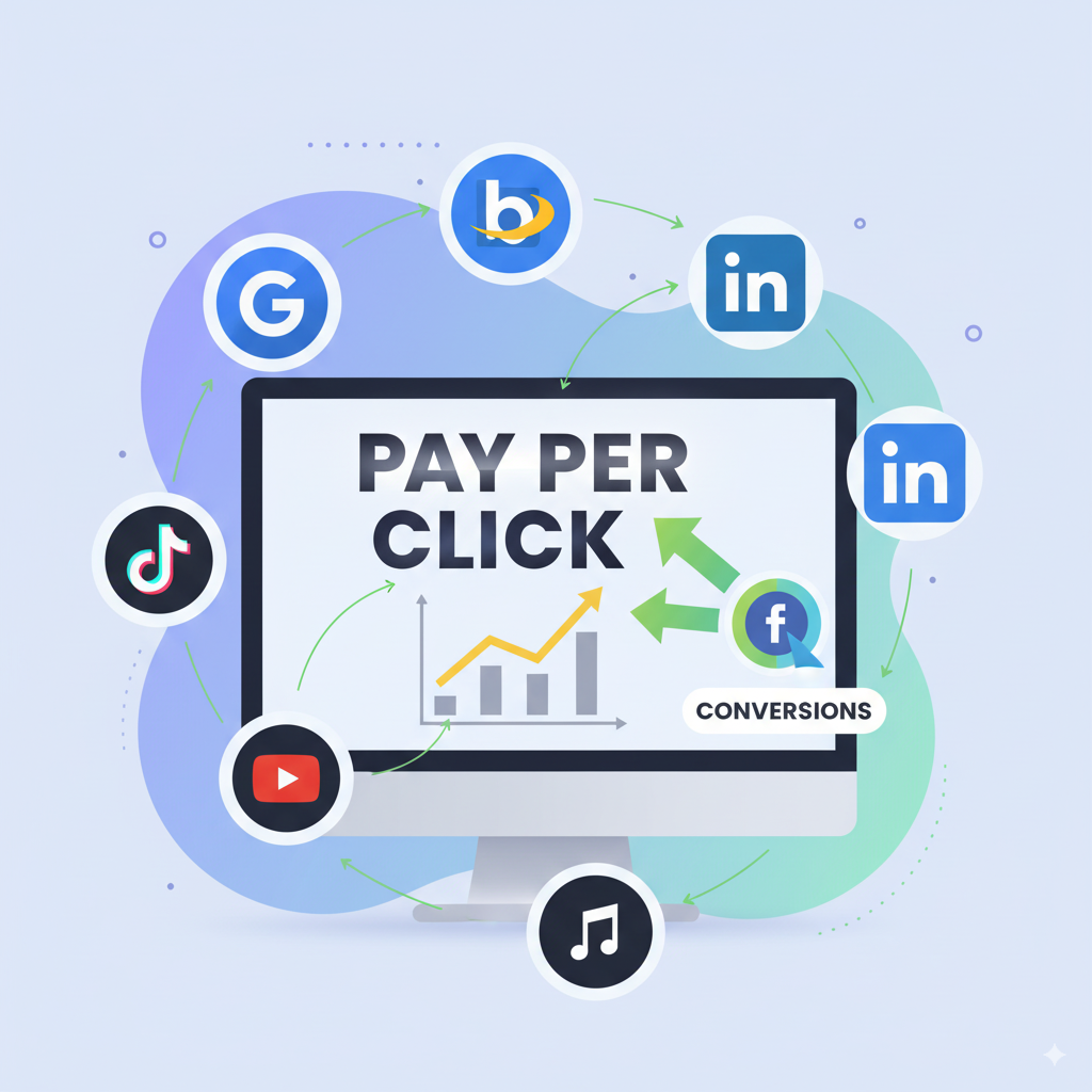multiple ad platforms (Google, Bing, Meta, LinkedIn, TikTok, YouTube) Flat illustration of multiple ad platforms (Google, Bing, Meta, LinkedIn, TikTok, YouTube) displayed as floating icons around a computer screen with “Pay Per Click” highlighted, arrows pointing to conversions.