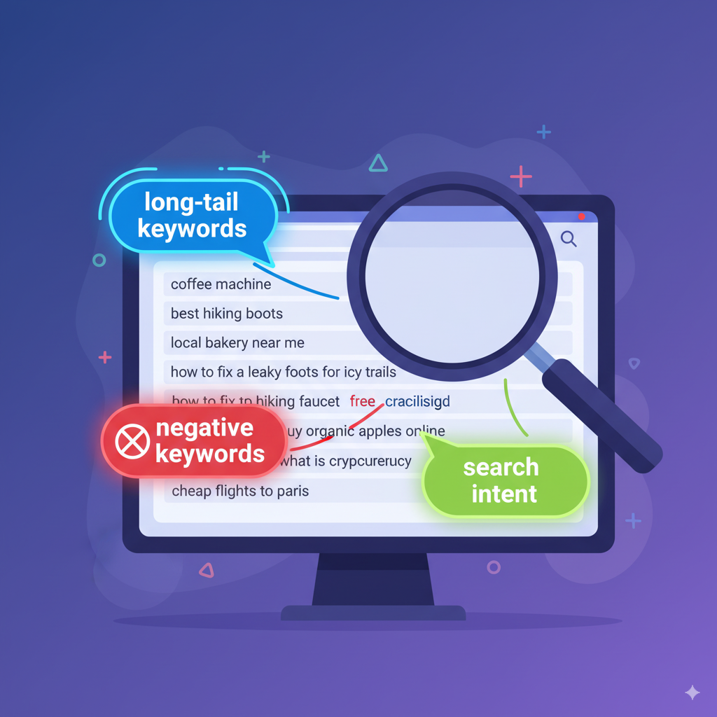 magnifying glass hovering over search keyword A magnifying glass hovering over search keywords on a digital screen with “long-tail keywords,” “negative keywords,” and “search intent” highlighted in glowing text bubbles.