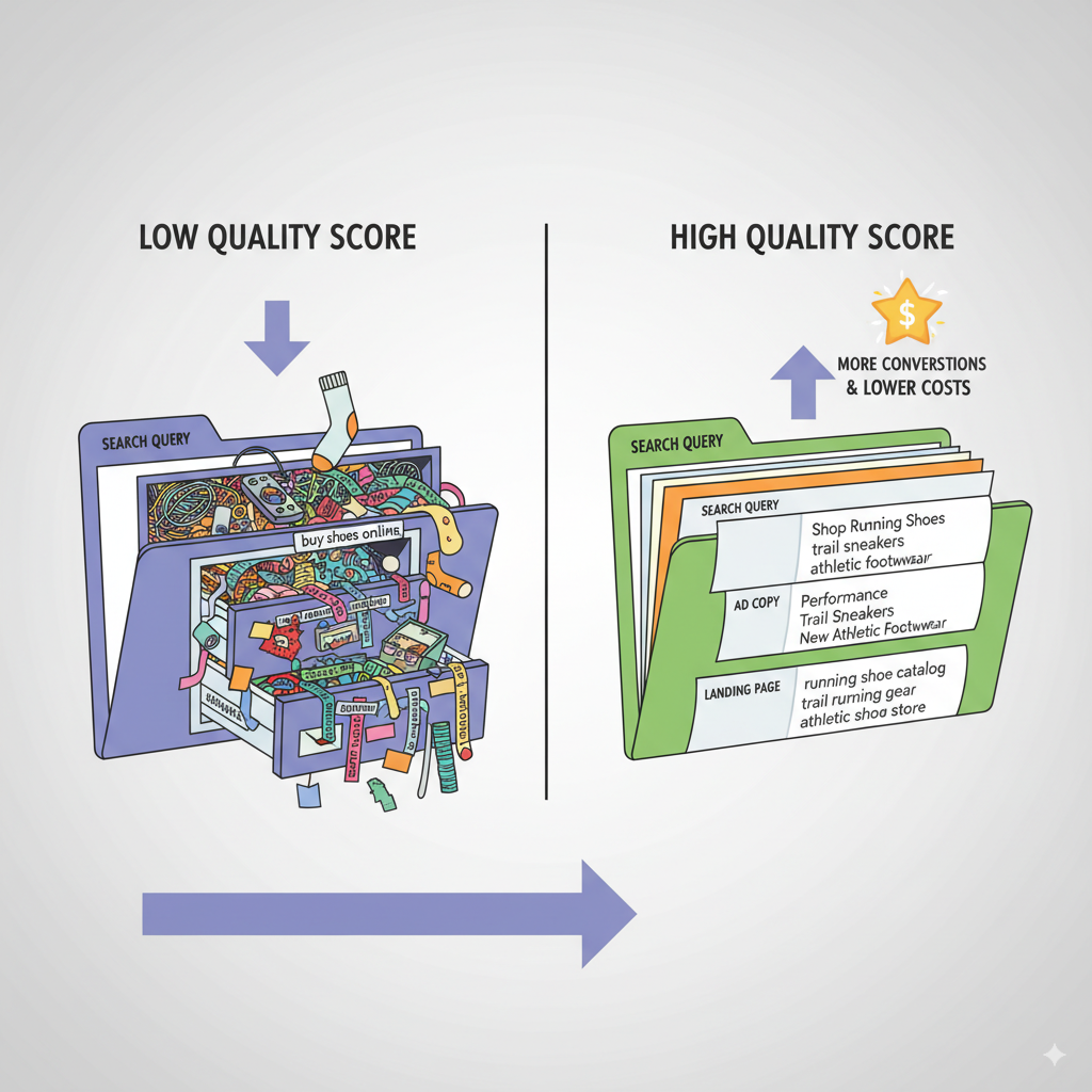 infographic-style illustration of two folders Clean infographic-style illustration of two folders: one messy junk drawer full of random keywords, the other neatly organized with keywords matching ads — showing “high quality score” reward.