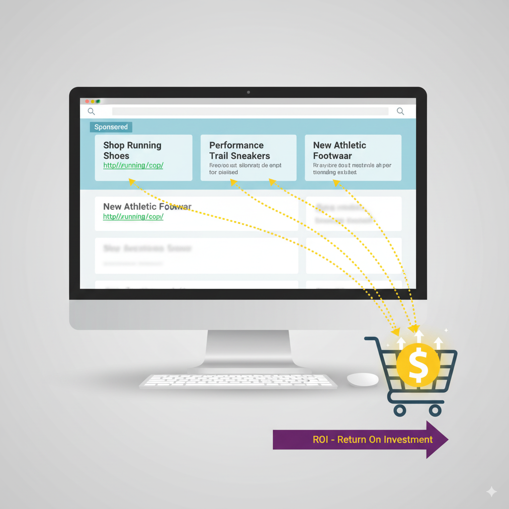search engine results page (SERP) illustration A search engine results page (SERP) illustration with sponsored ads highlighted at the top, clicks flowing toward a shopping cart icon, symbolizing ROI.