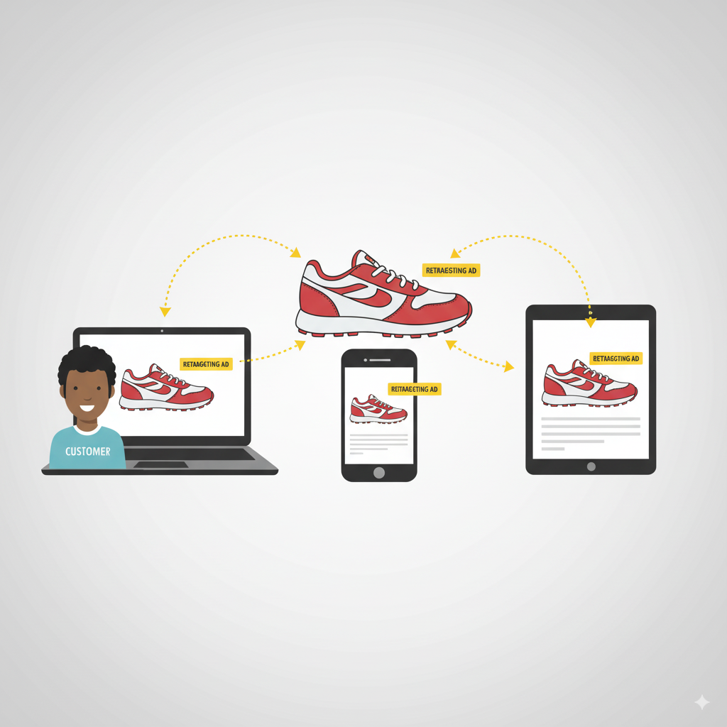 pair of sneakers appearing on multiple devices A playful illustration of a pair of sneakers appearing on multiple devices (phone, laptop, tablet) with “retargeting ad” tag — arrows looping back to the customer.